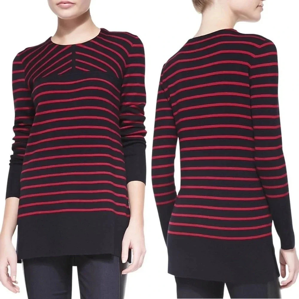 TORY BURCH Seraphina Tunic Sweater Navy Blue Red Striped Merino Wool Size S